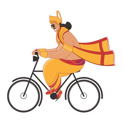 Wall Mural - Cartoon King Mahabali Riding a Bicycle on White Background.