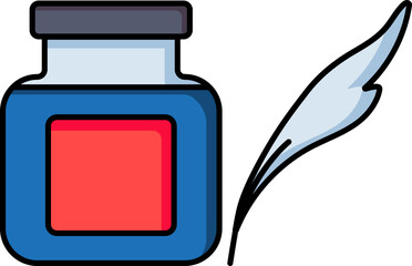 Sticker - Ink bottle with feather pen icon in blue and red color.