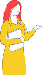 Sticker - Young woman character holding file book with open hand.