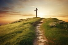Hilltop Cross, Path To God, Easter Joy. Christian Faith Symbol. Generative AI