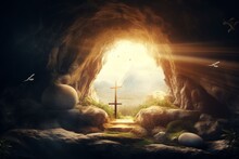 Empty Tomb Of Jesus With Crosses. Easter Concept. Generative AI