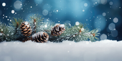  Christmas background with fir tree branches and cones on snow with bokeh background. created by generative AI technology.