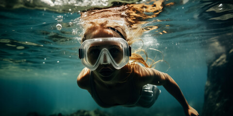 Wall Mural - Young girl snorkling in the ocean