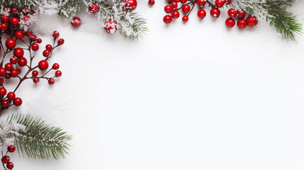 Canvas Print - fir branches and viburnum berries on a white background. Christmas card. Generative Ai