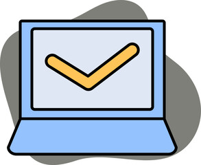 Poster - Blue And Yellow Color Laptop With Check Mark Icon On Gray Background.