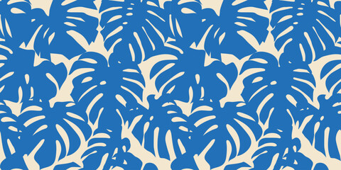 Blue tropical summer plant leaf seamless pattern. Exotic jungle monstera leaves background illustration. Natural organic artwork wallpaper print. Vintage botanical palm tree texture.	