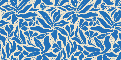 abstract blue flower art seamless pattern. trendy contemporary floral nature shape background illust