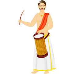 Canvas Print - South Indian Drummer Man Standing On White Background.