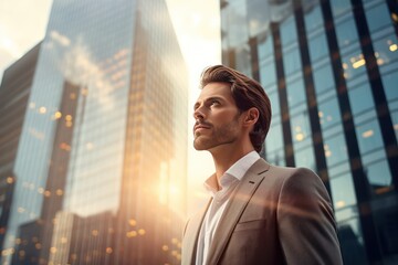 Close-up of a Caucasian businessman in a sunglasss in formal suit against the backdrop of skyscrapers in the business district of the city. Success and prosperity. Hard work in finance.