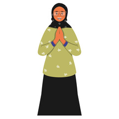 Poster - Cheerful Islamic Woman Doing Namaste (Welcome) In Standing Pose.