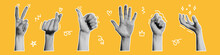 Vector Collage Set Of Halftone Hands And Cut Out Shape. Trendy Vintage Collection Of Gesture Signs. Retro Halftone Effect. Modern Art Collage With Human Palms.