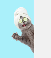 Fototapete - Happy cat with towel on it head and with  pieces of cucumber on it eyes stands behind empty white banner. isolated on blue background