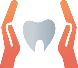 Sticker - Hands Protecting Tooth Icon In Orange And Gray Color.