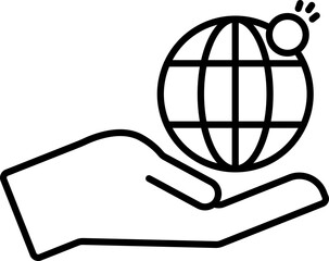 Sticker - Hand Holding Globe With Coin Icon In Black Outline.