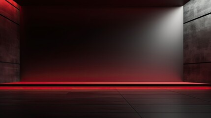 Fototapete - Abstract dark empty room with glowing red neon lights. Mock up, 3D Rendering