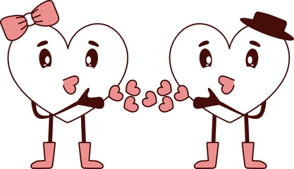 Wall Mural - Cartoon Heart Couple Flying Kiss Each Other In Flat Style.