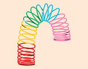 Children multi-colored toy 90s Slinky spiral. Vector isolated cartoon retro game.