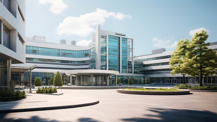 the exterior facade and main entrance of the hospital building