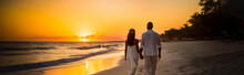 Happy Just Married Couple Walking On A Beach At Sunset - Wedding Background