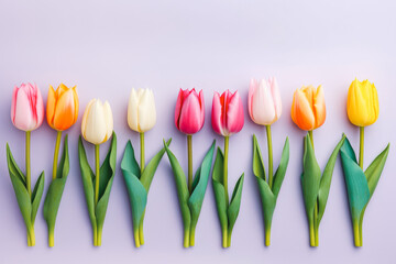  Collection of beautiful tulip flowers on solid background.