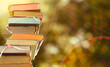 stack of books against lens flare and colored trees, autumn book fair, inspiration,reading, education, literature  concept,  free copy space