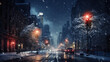 a city street with snowfall, capturing the contrast between the falling snow and city lights