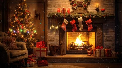 fireplace with christmas decorations. seamless looping time-lapse virtual video animation background
