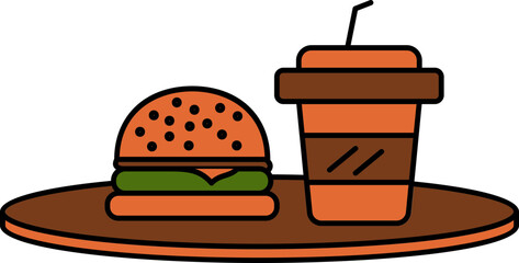 Sticker - Flat Style Burger And Disposable Cup On Plate Icon.