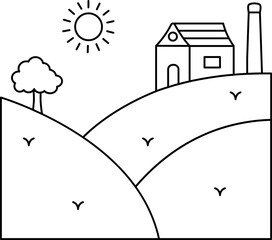 Wall Mural - Sun Landscape With House Icon In Thin Line Art.