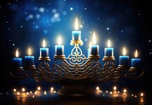 A Hanukah Menorah With Lit Candles On A Table. Imaginary Illustration.