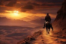 Native American Man Riding A Horse In The Wild West Desert At Sunset, Indigenous Navajo Indian In Traditional Cloth
