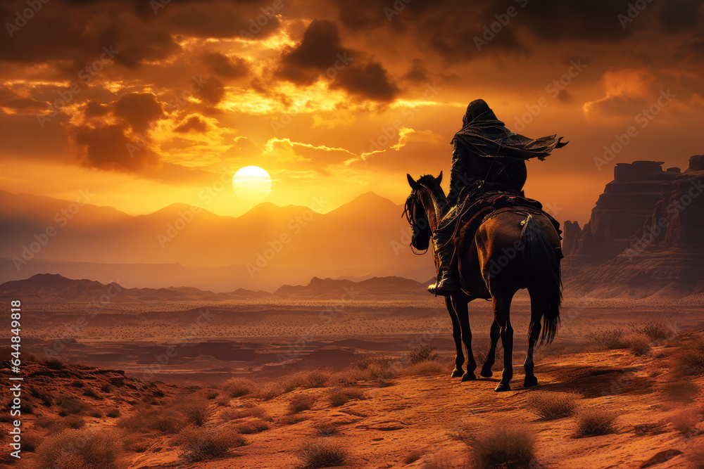 Native american man riding a horse in the wild west desert at sunset ...