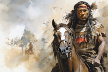 Native American Man Riding A Horse In The Wild West Desert In Watercolor, Indigenous Navajo Indian In Traditional Cloth