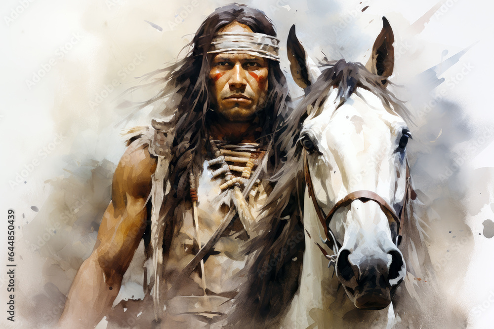 Native american man riding a horse in the wild west desert in ...
