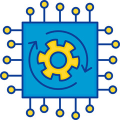 Sticker - Flat Illustration of Microchip Setting Blue And Yellow Icon.