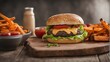 photography of a cheeseburger on wooden plate #2, food photography, ai generated