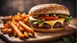 photography of a cheeseburger on wooden plate #1, food photography, ai generated