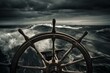 Nautical steering wheel amidst a tempestuous sea. Generative AI