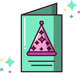 Sticker - Invitation Card With Party Hat And Stars Icon Or Sticker.