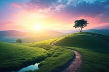 Beautiful Sunset In The Mountains Landscape With Green Meadow And Lonely Tree