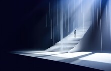 Faith. Conceptual Image Of A Man Climbing A Stairway With A Black Background
