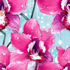 Wall Mural - Seamless pattern orchid flowers painted in watercolor, AI generated