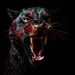 Scary head of an evil panther with a bared mouth with large fangs, stained with blood, a predatory beast, on a black close-up, Halloween background