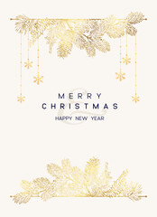 Wall Mural - christmas poster with golden pine branches on white background. new year illustration.