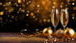 Two glasses of champagne, sparkling wine with confetti, glitter, serpentine and christmas ornaments on a wooden table. Dark festive background with golden bokeh. New Year concept. AI generative.