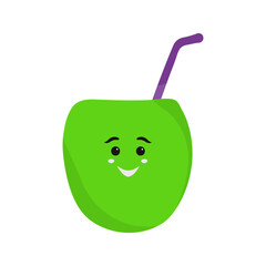 Sticker - Cute Happy Face Coconut Drink Flat Icon In Green And Purple Color.