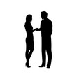 © lyudinka - Silhouettes of young man and woman in full height shake hands. Vector illustration.