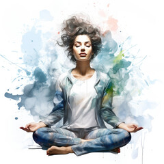 Wall Mural - A young woman practicing meditation in the lotus yoga posture, carried away by a mystical trance, grace, awareness, mindfulness, awakening - Colored watercolor illustration, isolated on white