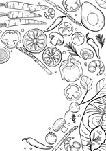 Healthy Food Background. Hand-drawn Vector Illustration. Drawing In Black And White Isolated Background.