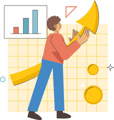 Sticker - Vector Illustration Of Cartoon Businessman Or Employee Showing Growing Chart Against White And Yellow Grid Background.